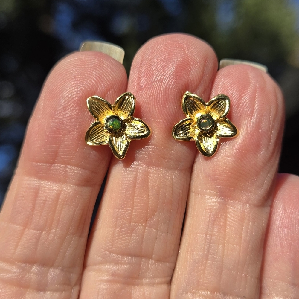 Black Opal Natural Sterling & Gold Earrings - Picture 6 of 11